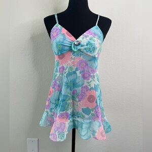 Vintage 60s Van Raalte Nylon Floral Babydoll Top Sz 34 Semi Sheer USA Made